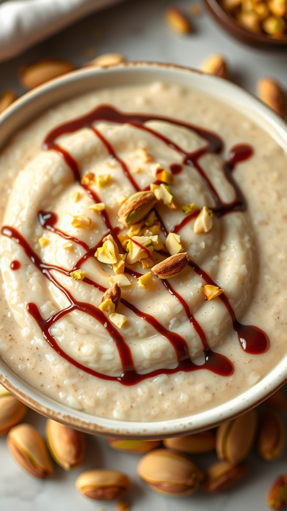 Creamy rice pudding with Dubai Chocolate and topped with crushed pistachios in a bowl.